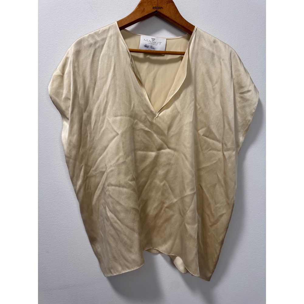 Maskit Limited Edition Rut Dayan 100% Silk V-Neck Blouse Champagne Gold Israel M